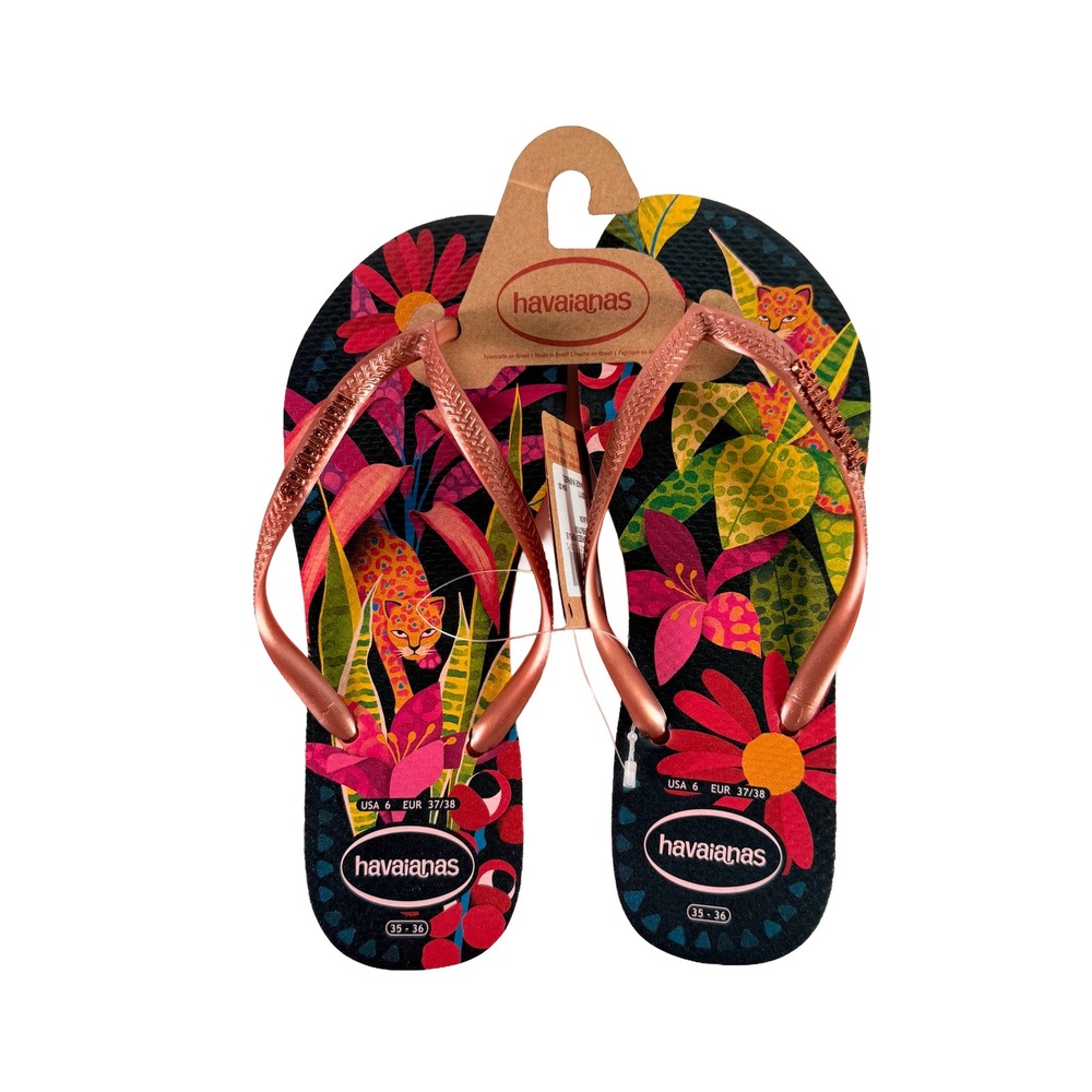 Havaianas Slim Flip Flops Women Size 6 Salmon New Tropical Leopard Print